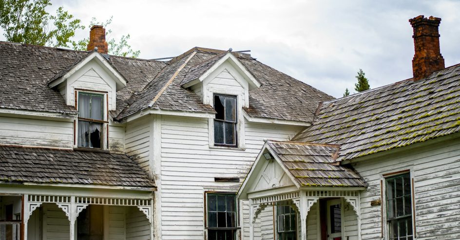 Classic white and gray historic house with traditional windows